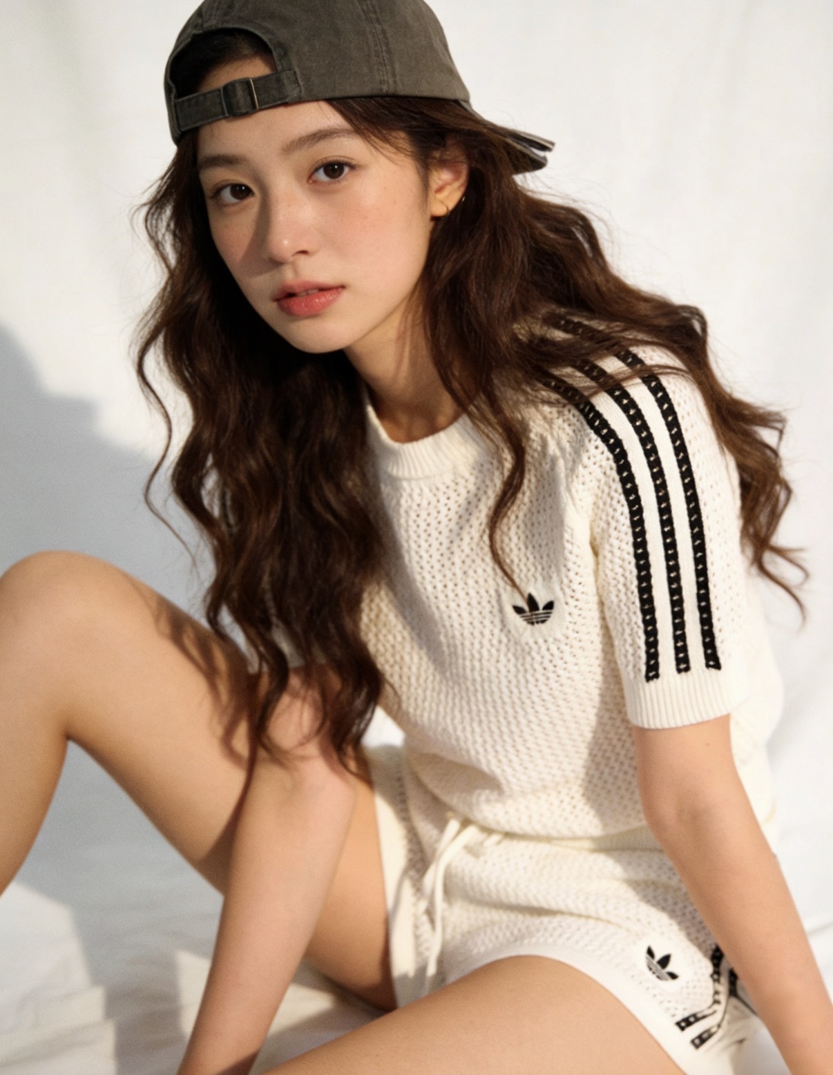 女款 ADIDAS CROCHET TEE 白色 RUKA同款 三葉草 短版 針編 合身 短T【KE0200】ADLP