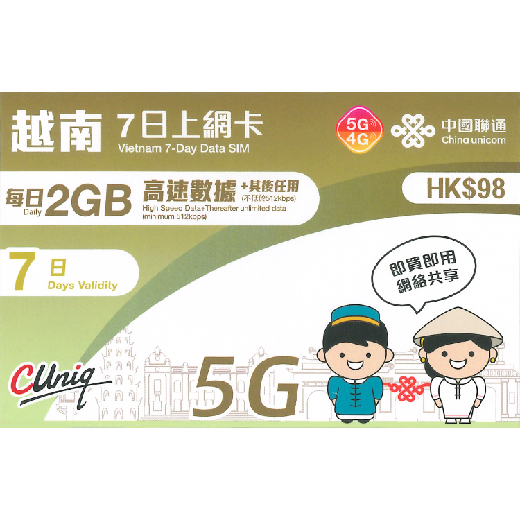 中國聯通 - 7日【越南】(每日2GB) 5G/4G 無限上網卡數據卡SIM咭