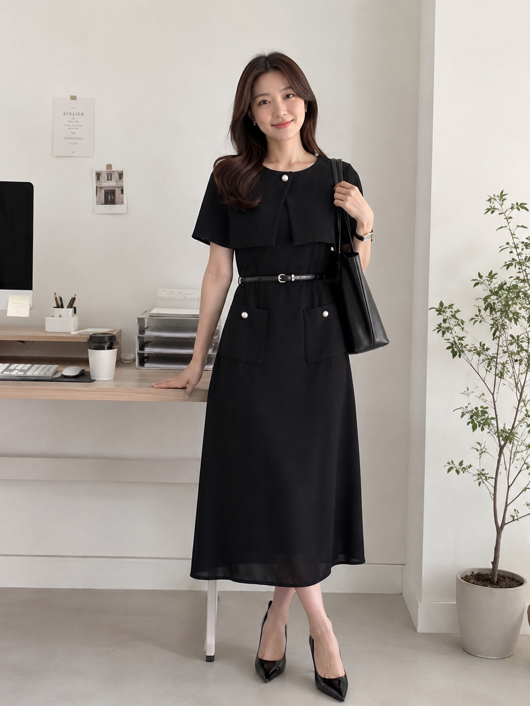 SLEEVELESS POCKET MIDI DRESS WITH CAPE SLEEVE & BELT (3 ITEMS)