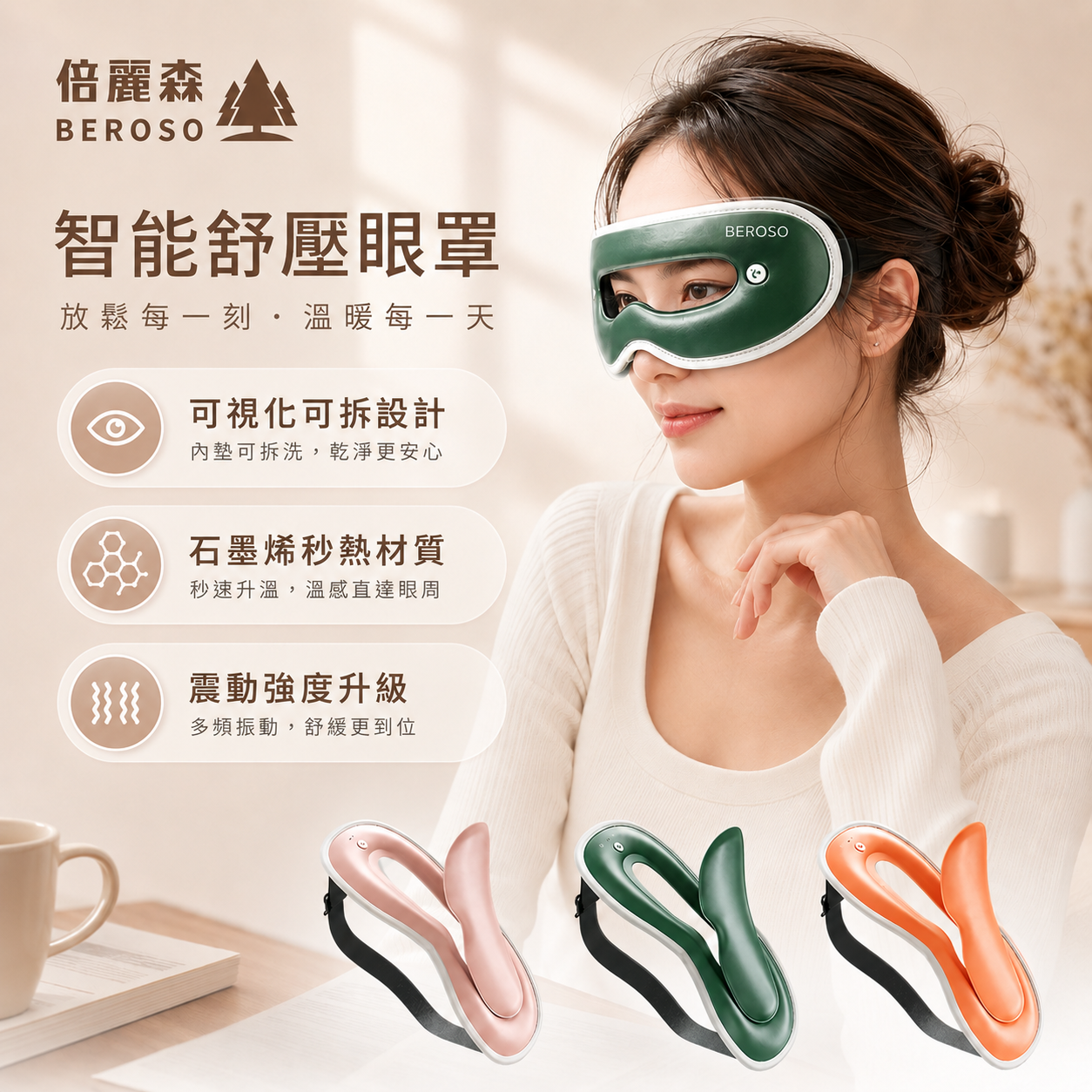 透視時尚皮革三段溫控震動按摩熱敷眼罩