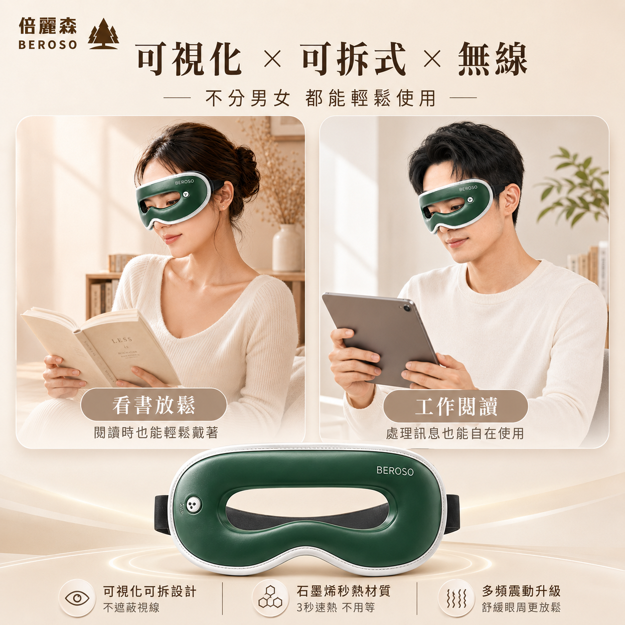 透視時尚皮革三段溫控震動按摩熱敷眼罩
