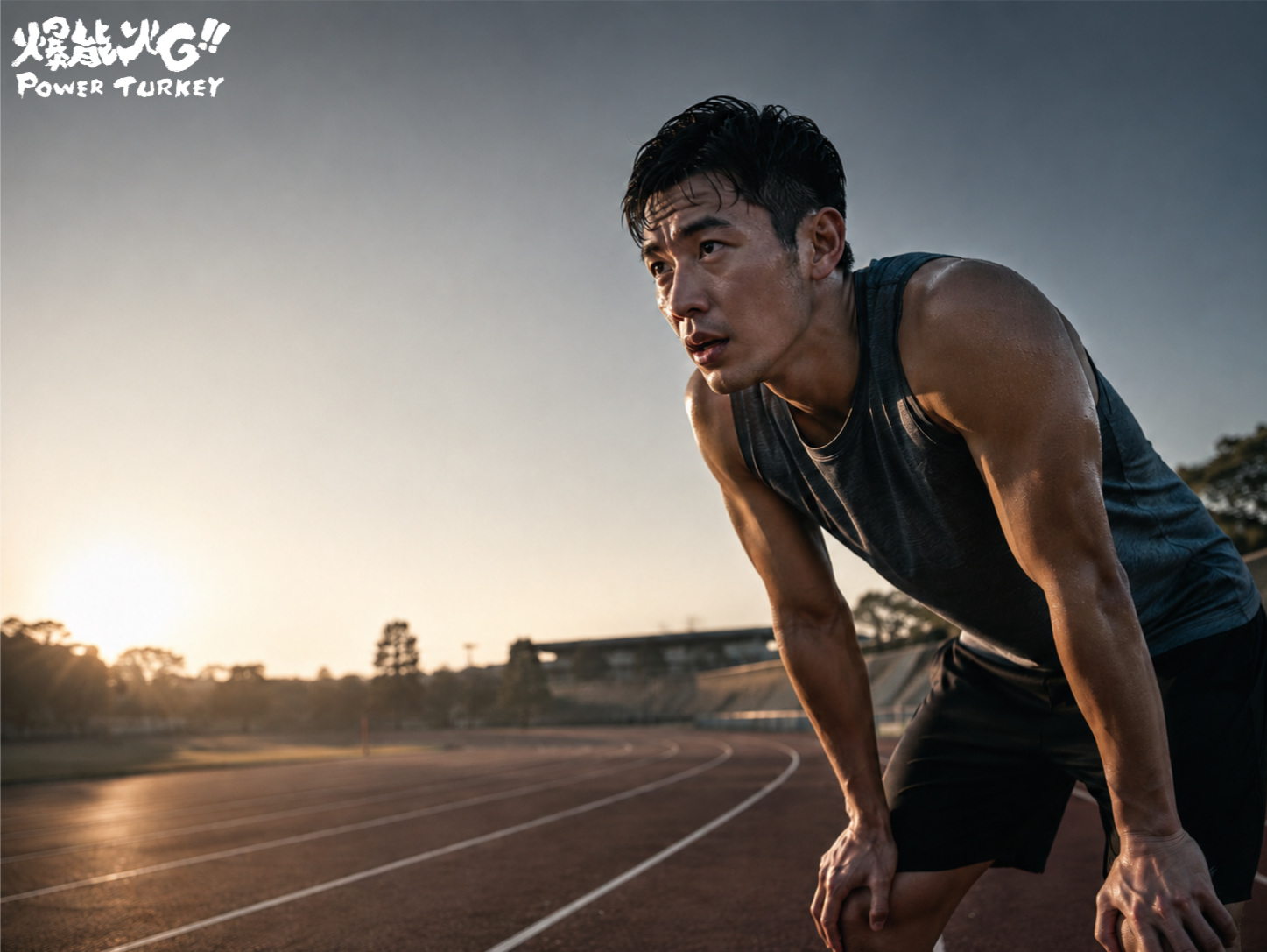 男性運動員在清晨跑道完成高強度間歇訓練後調整呼吸,呈現高強度運動後段穩住節奏與提前準備的補給思考_爆能火G_趕食髦部落格