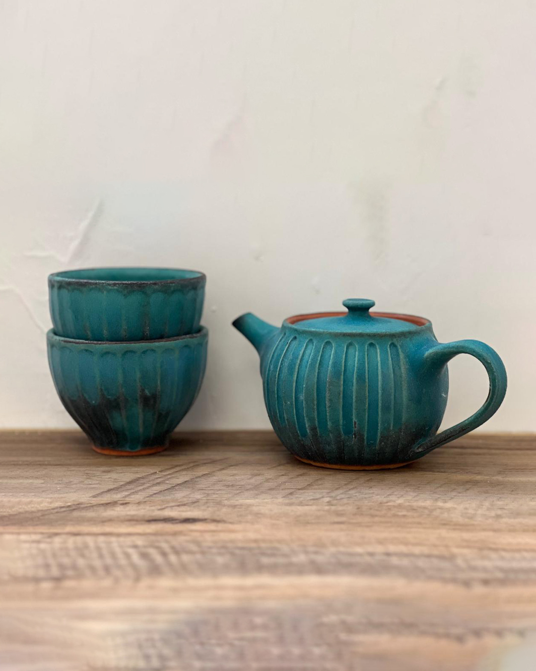 益子燒 松綠 茶具(茶壺 & 杯2隻)｜職人 若林健吾
