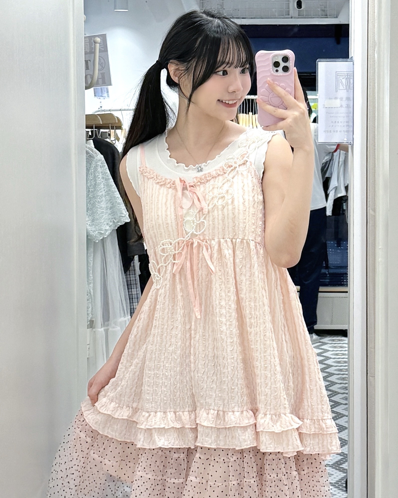 EA1330｜可愛少女泡泡感𐙚⋆°🦢｡⋆♡ 花花ruffle邊雙綁帶吊帶外搭