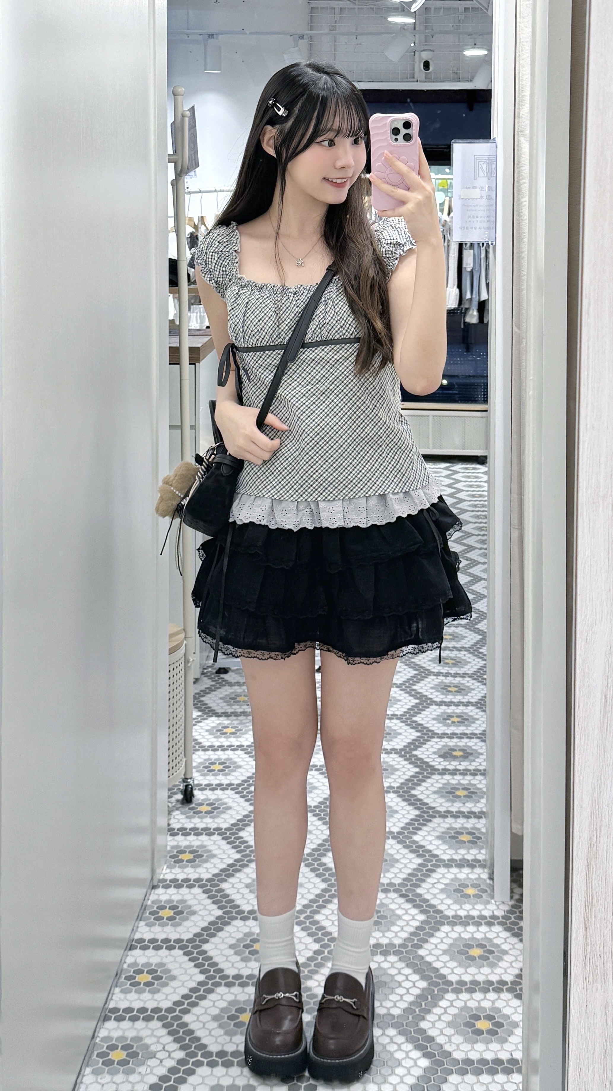V0286｜少女感菱格紋通花邊層次吊帶娃娃OPS上衣݁ ˖Ი𐑼⋆
