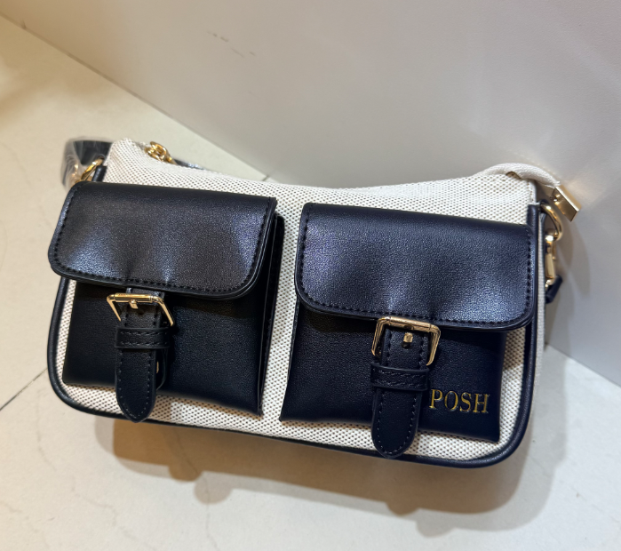 0625HB72-THAILAND-HANDBAGS-工裝風帆布拼接雙口袋腋下包（A72）