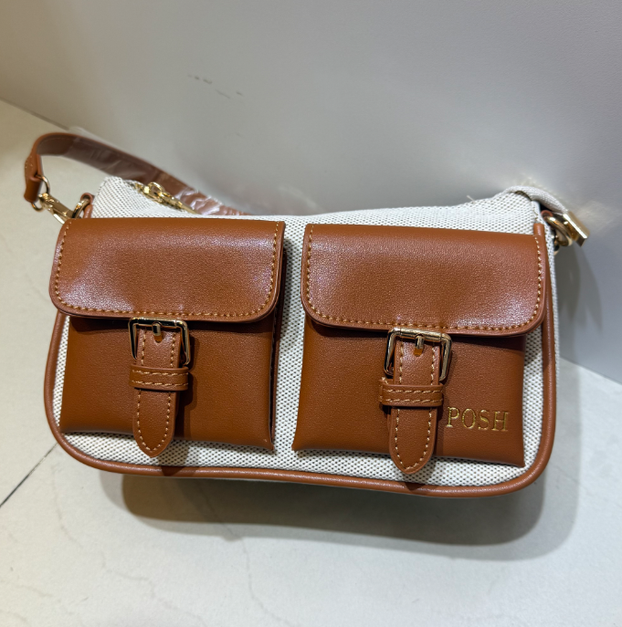 0625HB74-THAILAND-HANDBAGS-日系輕復古帆布拼接焦糖棕雙口袋腋下包（A74）