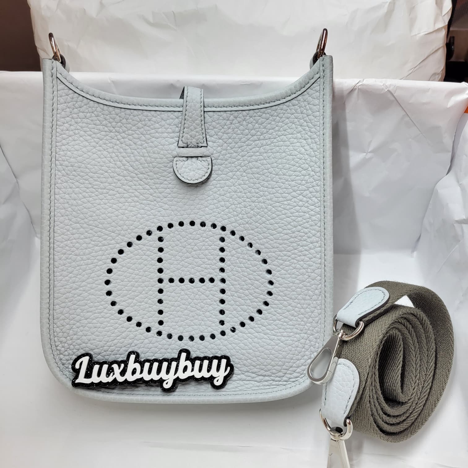 99%NEW/UNUSED Hermes mini evelyne 08 Bleu pale / 8F etain CK 110CM 聖杯藍 銀扣
