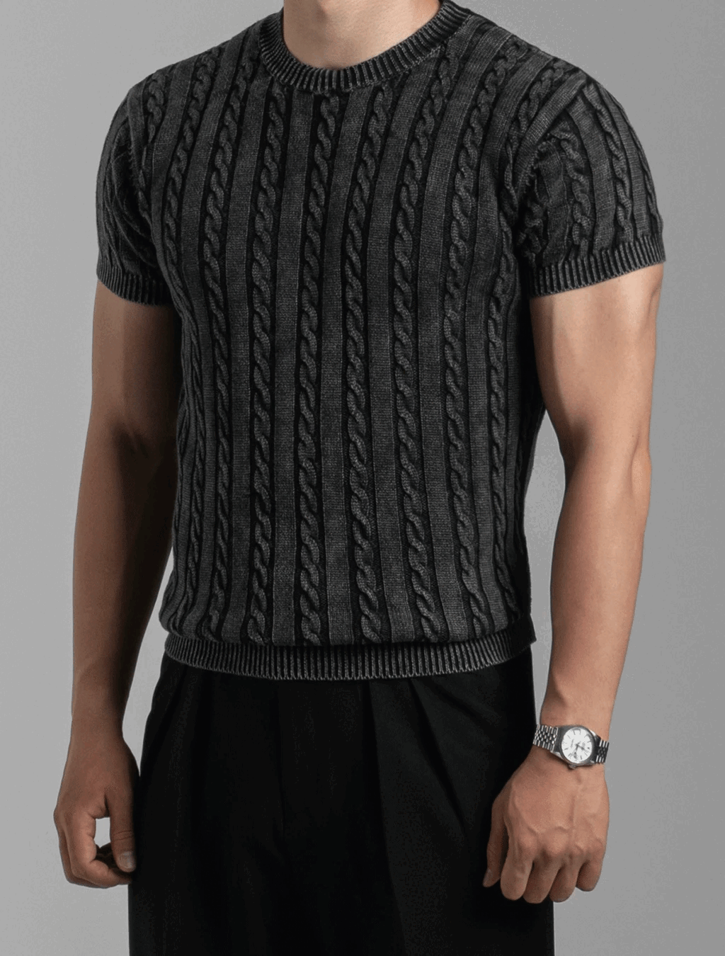 Pigmented muscle cable knit short-sleeved knit sweater