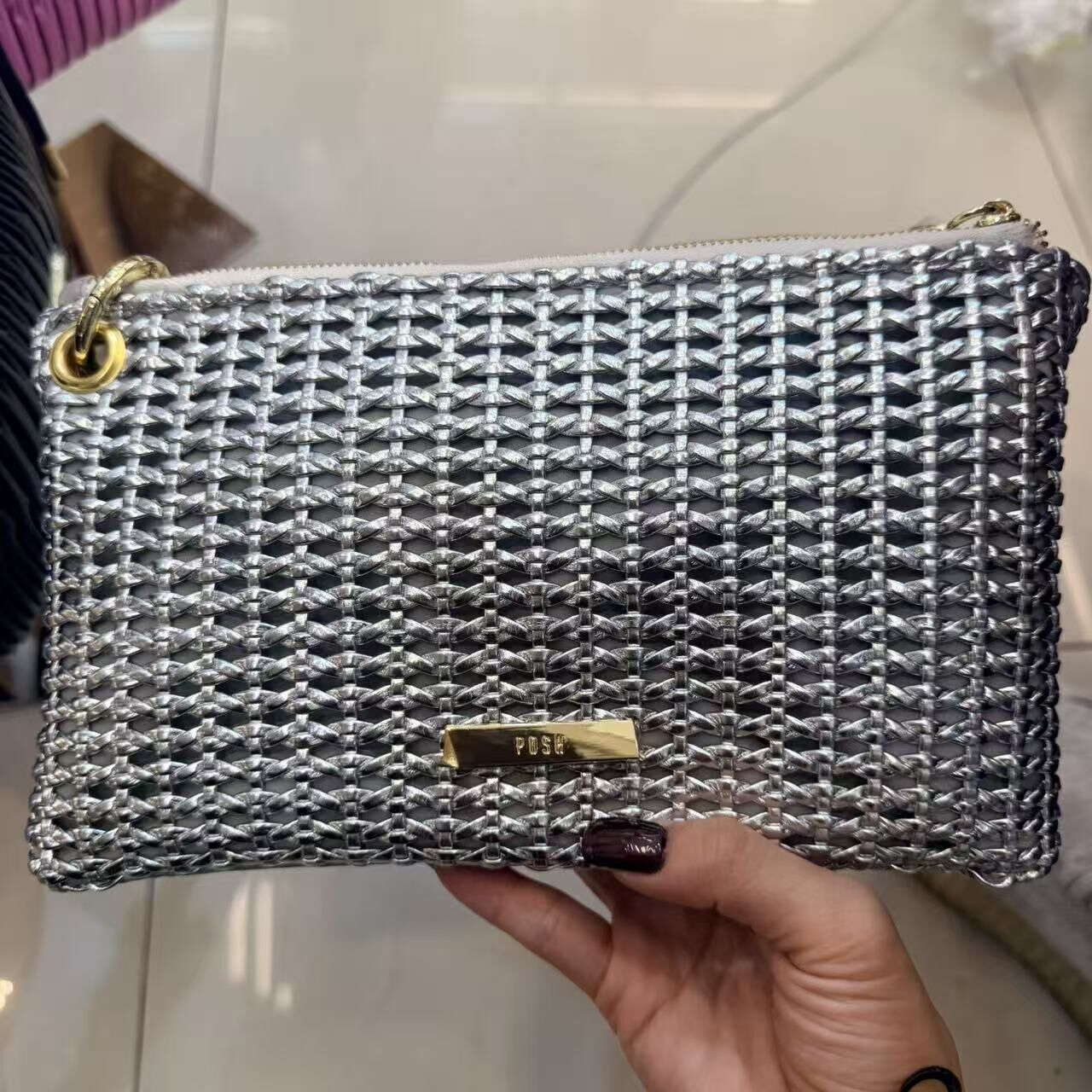 0625HB77-THAILAND-HANDBAGS-銀色金屬金屬絲編織拉鍊手拿包（A77）