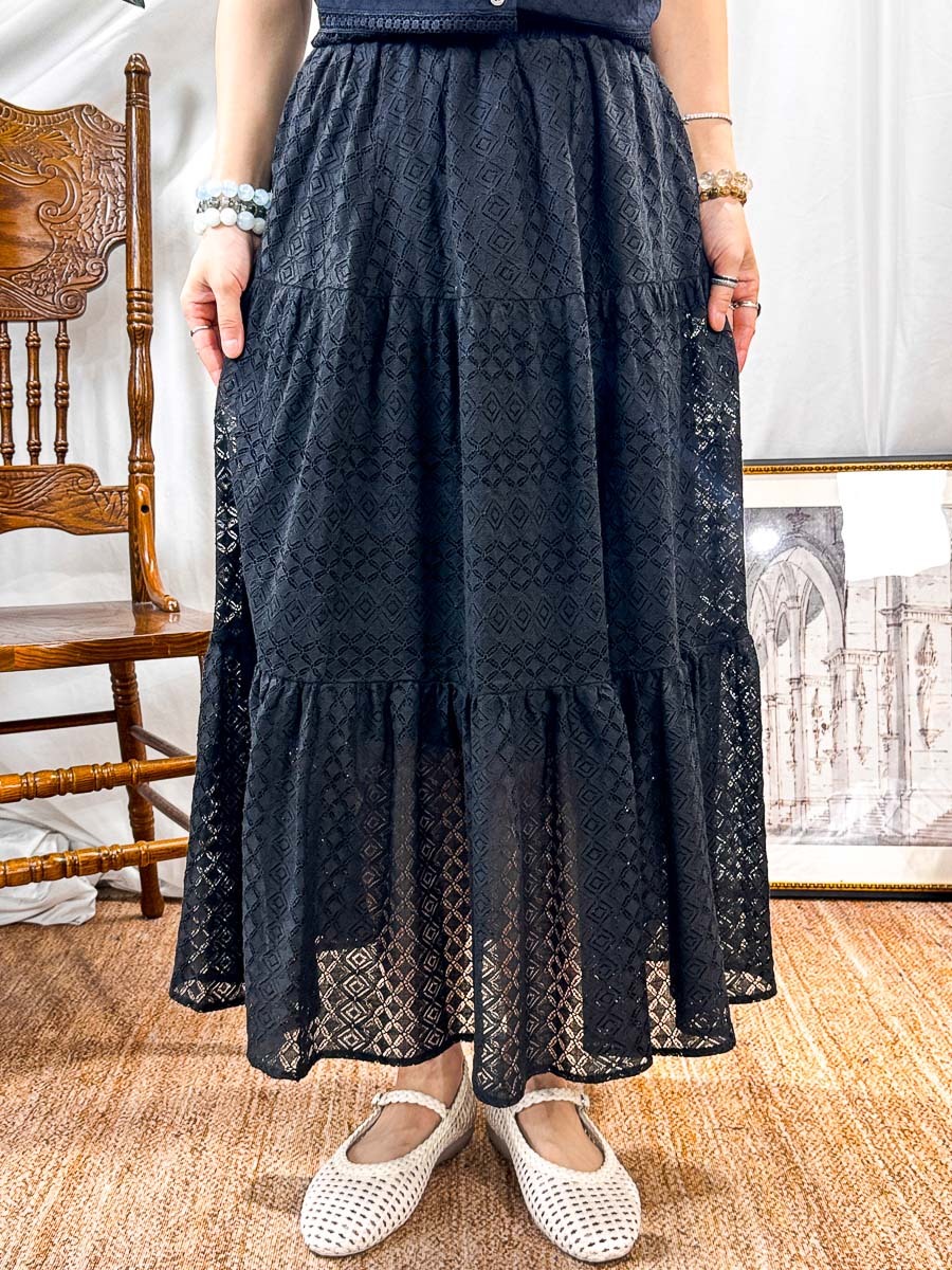 【SUMMER SALE SALE SALE】橡根腰．層層打摺．菱格LACE 半截裙 (有厘布)【不設退換】