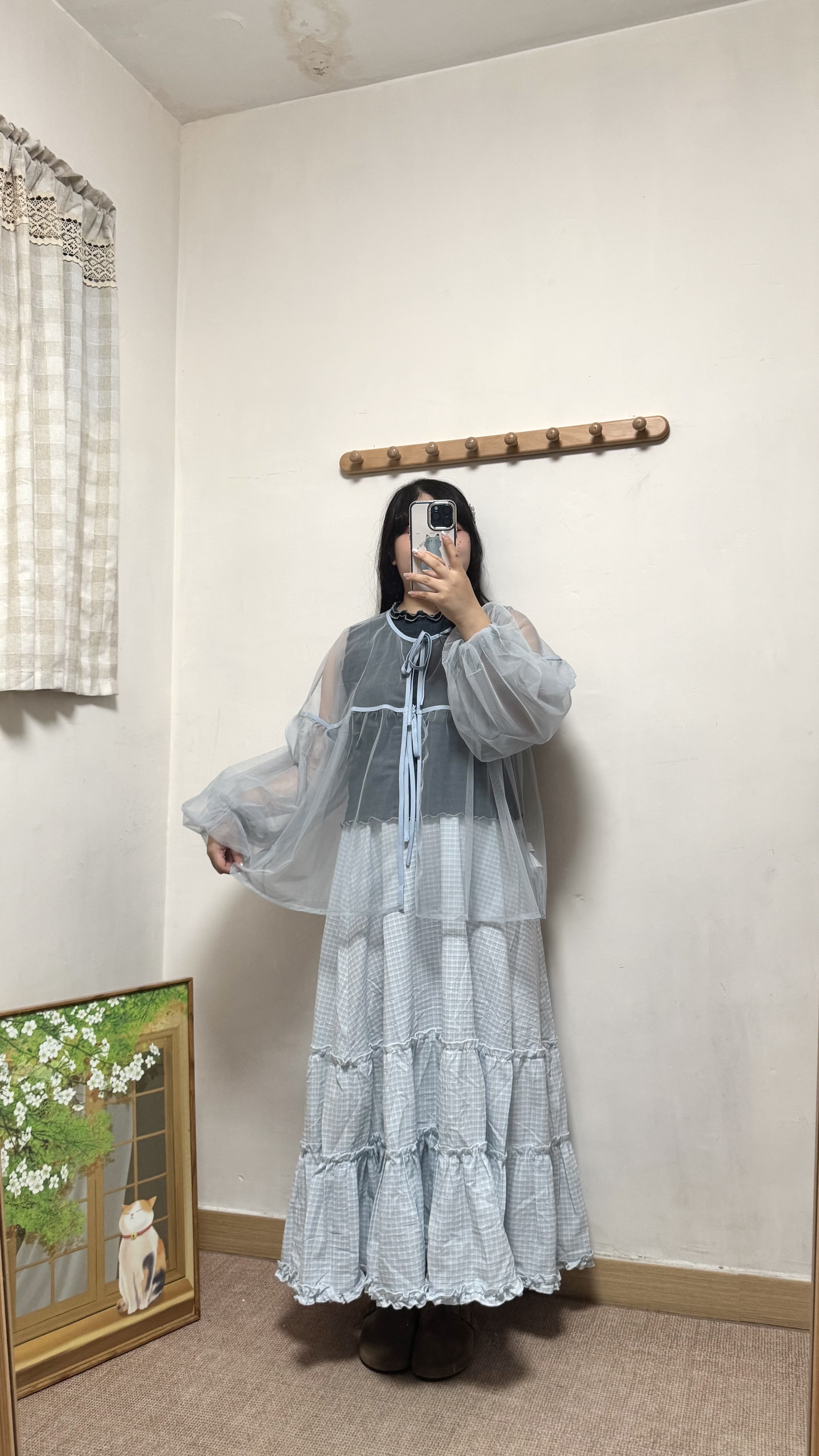 泡泡袖綁帶透紗外搭
