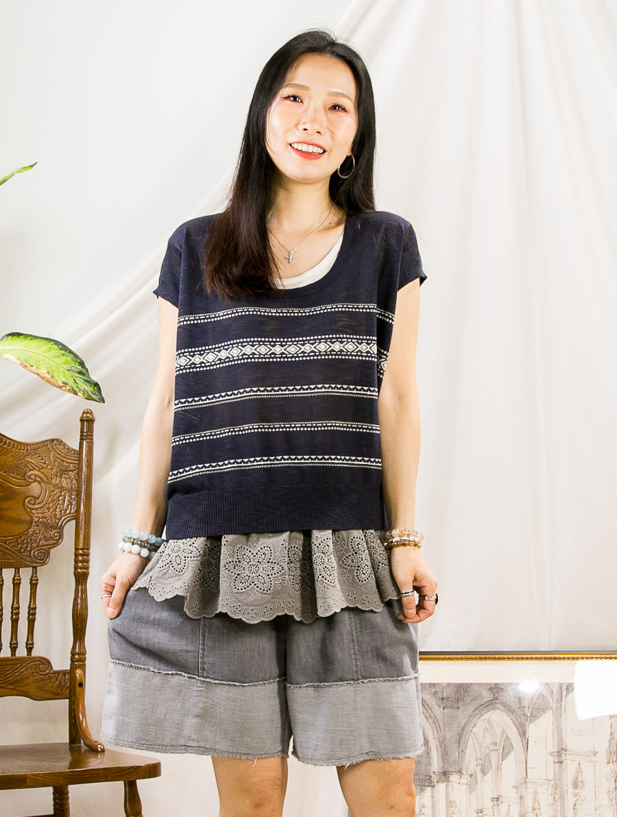 【SUMMER SALE SALE SALE】領邊拼色．菱格橫紋 線仔TOP 【不設退換】