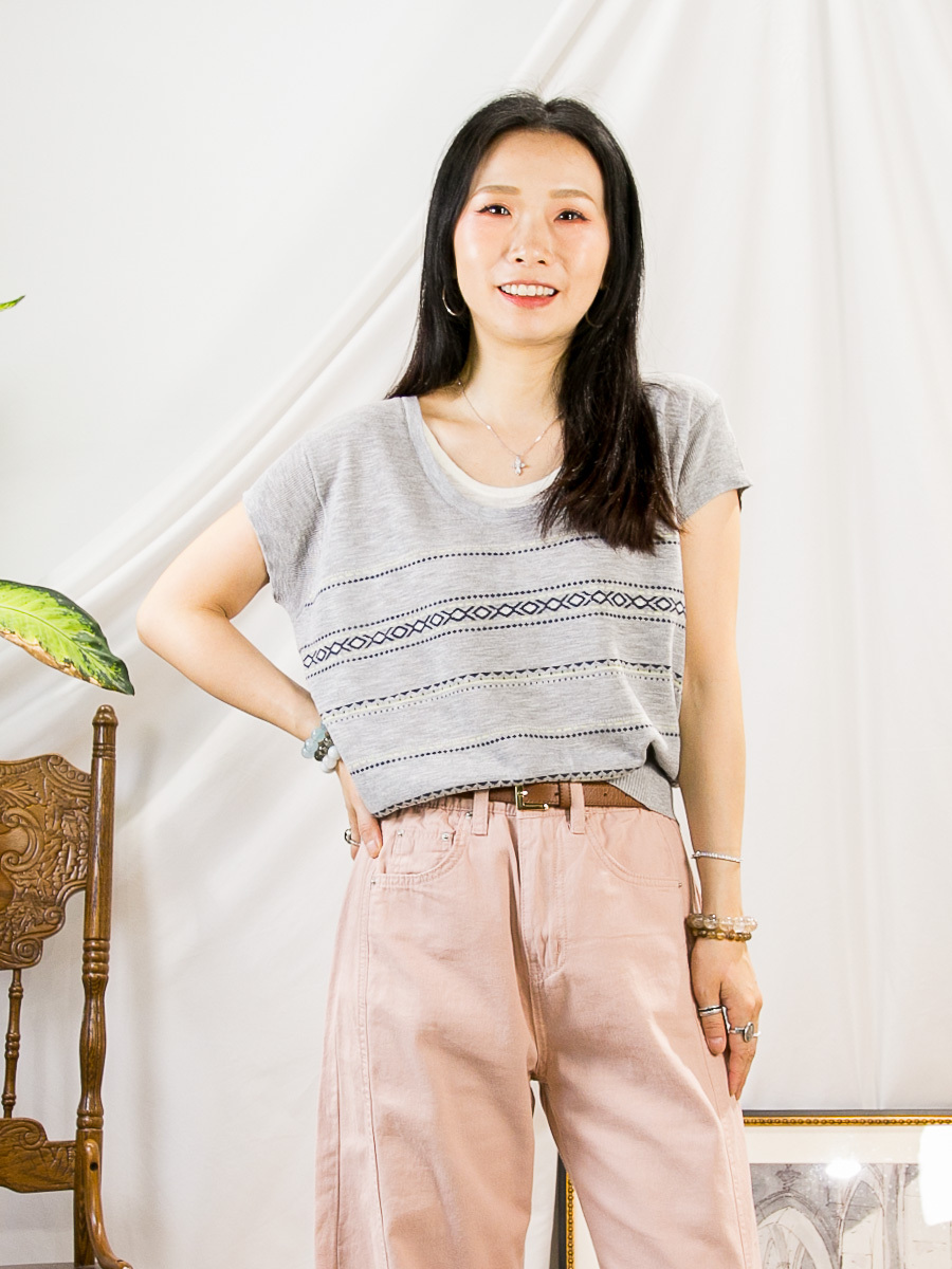 【SUMMER SALE SALE SALE】領邊拼色．菱格橫紋 線仔TOP 【不設退換】