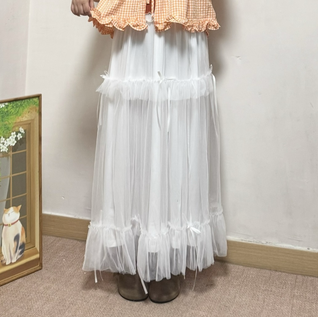 蝴蝶結紗紗花邊半身裙