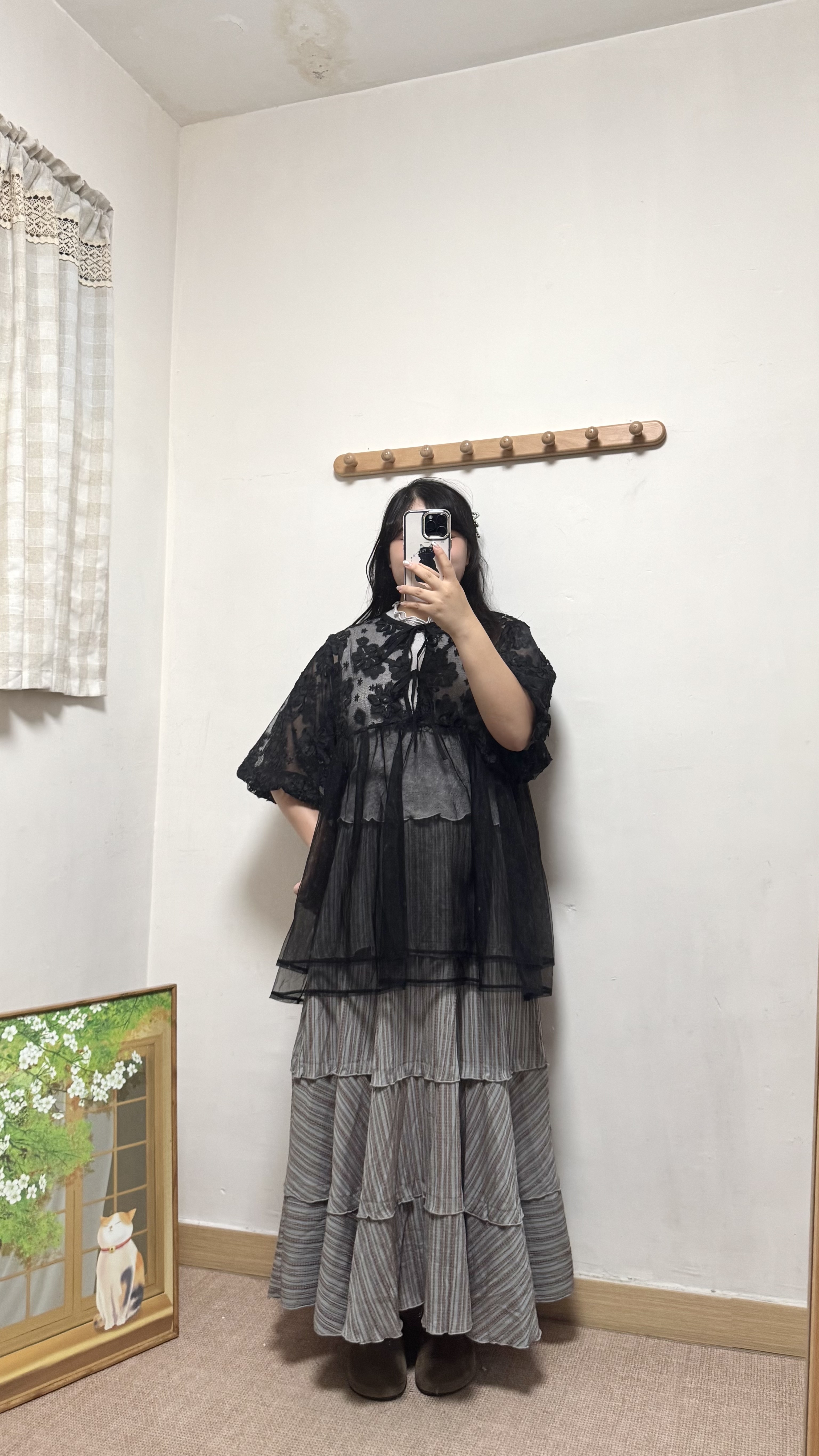 花花刺繡泡泡袖拼紗外搭