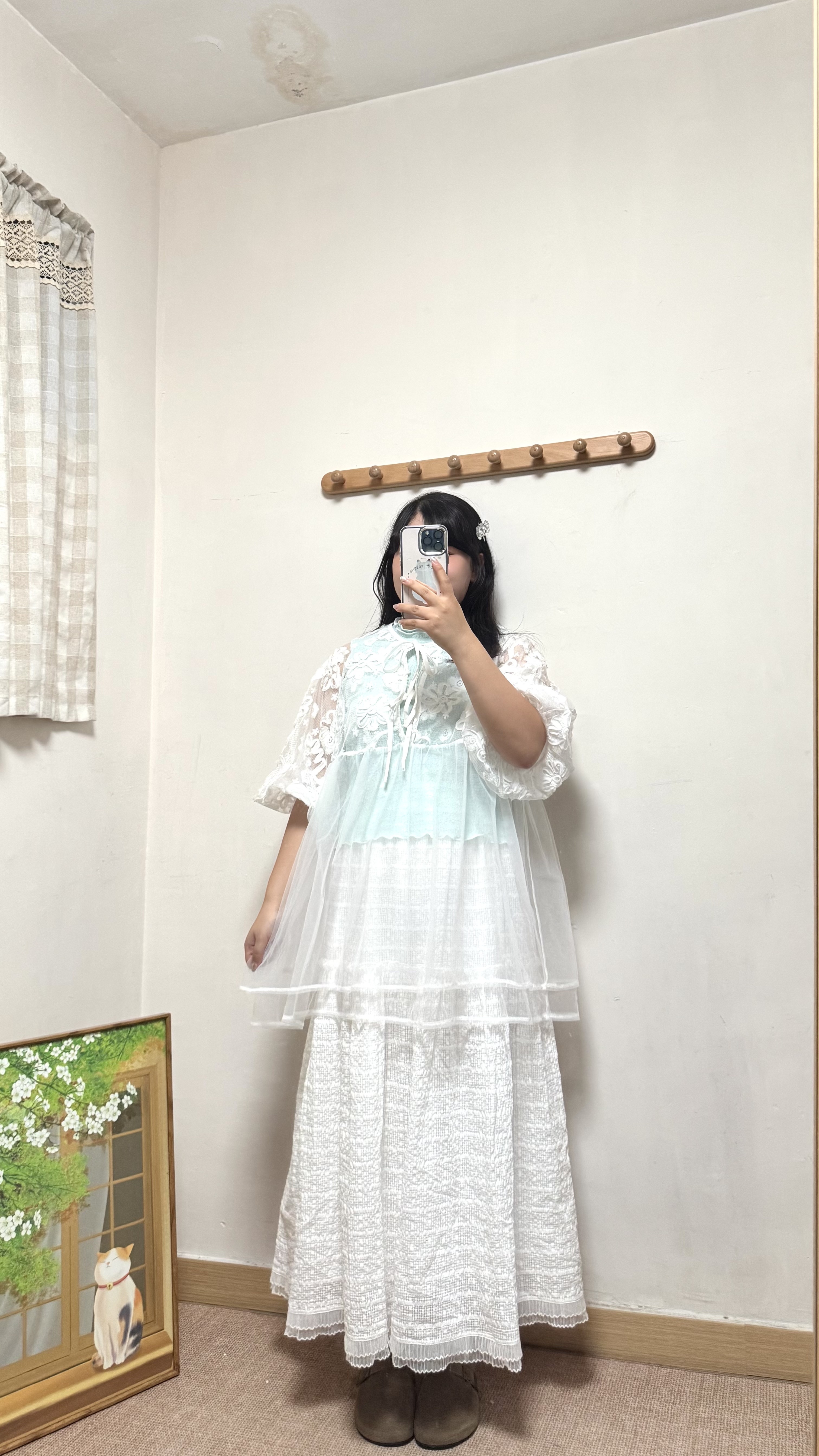 花花刺繡泡泡袖拼紗外搭