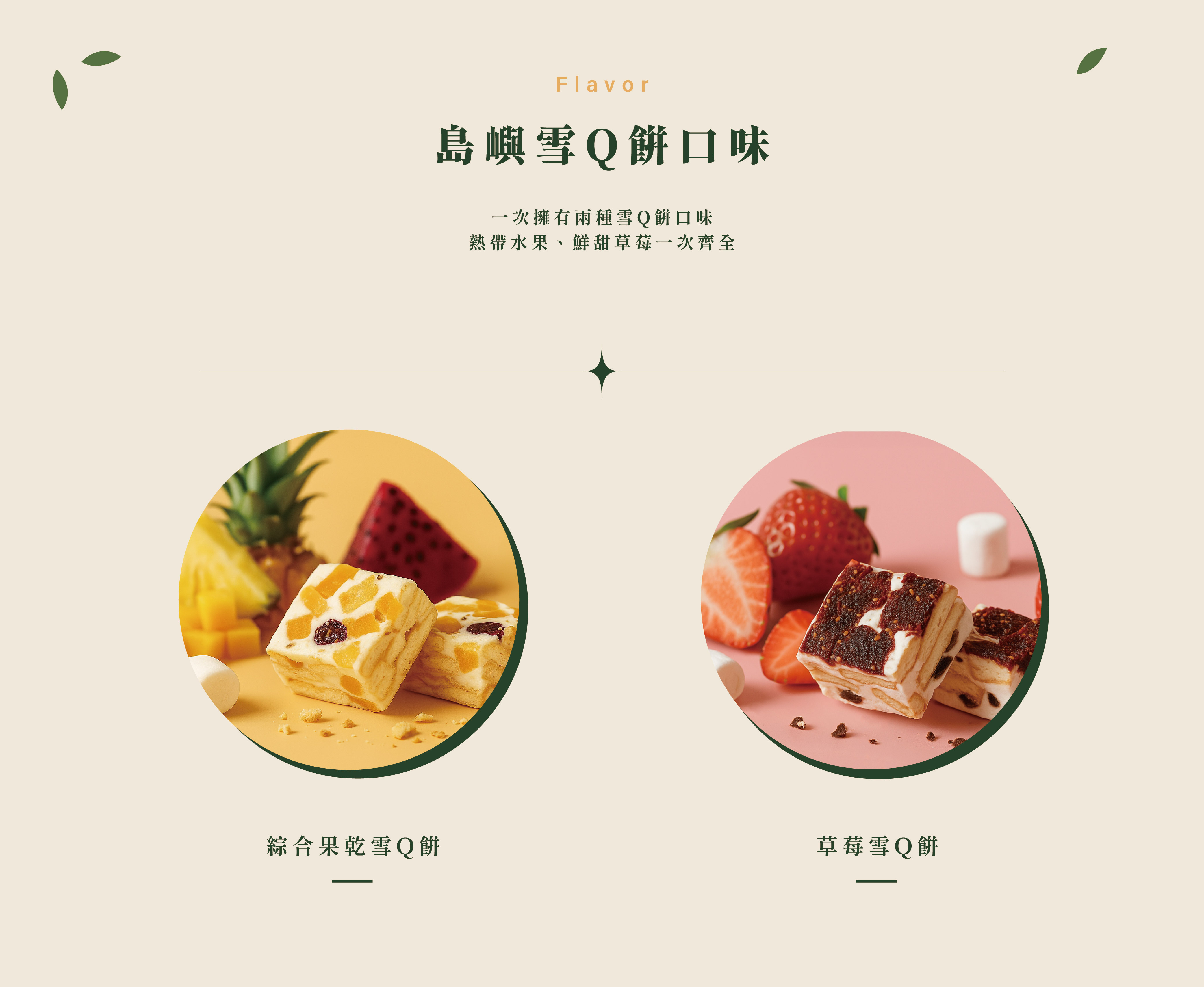 島嶼雪Q餅口味，一次擁有兩種雪Q餅口味 熱帶水果、鮮甜草莓一次齊全，綜合果乾雪Ｑ餅/草莓雪Ｑ餅
