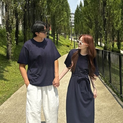 情侶裝蝴蝶結夏季純色短袖連衣裙（黑色 / 海軍藍 / 白色）