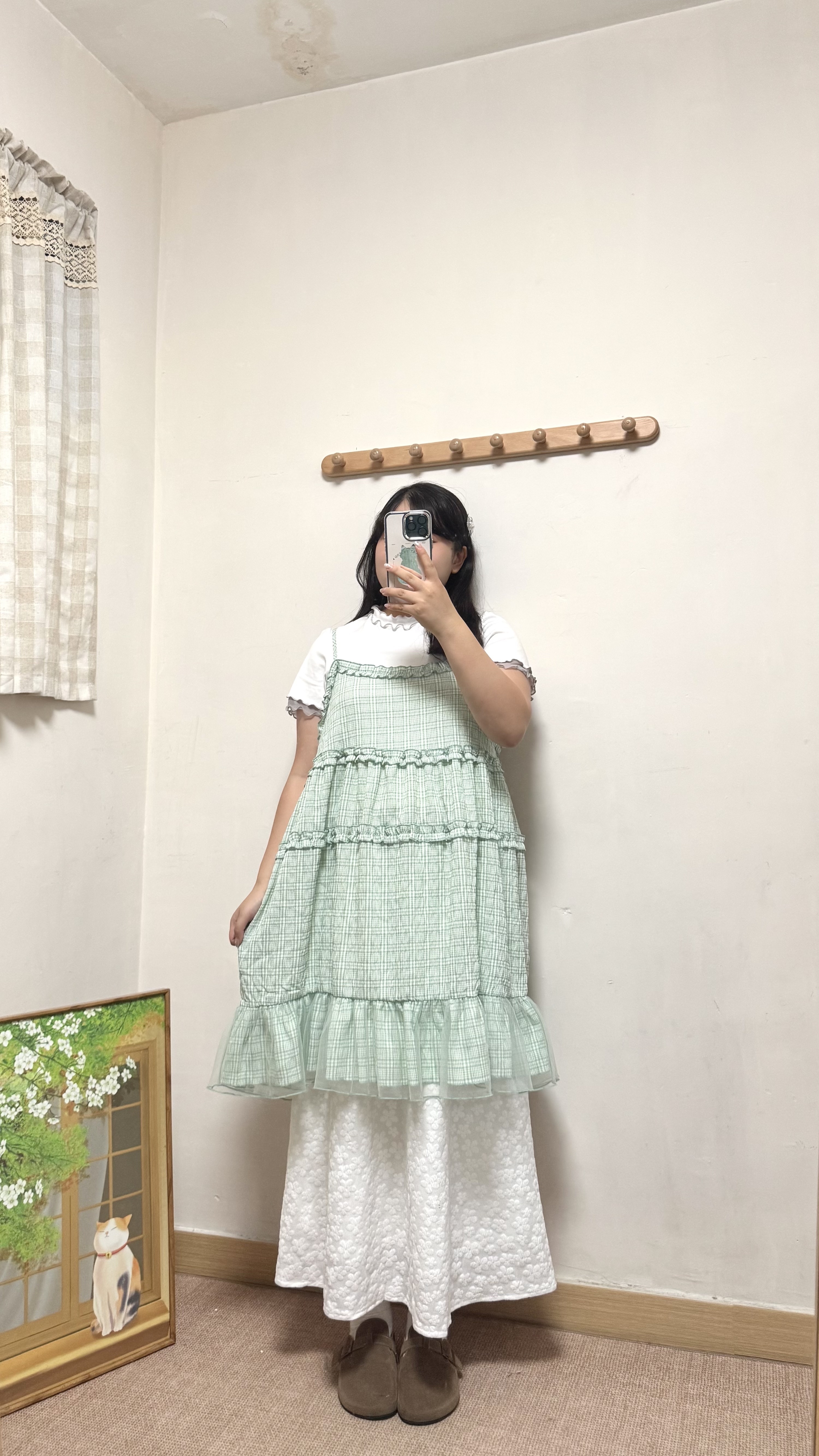 推！格紋花邊拼紗吊帶外搭