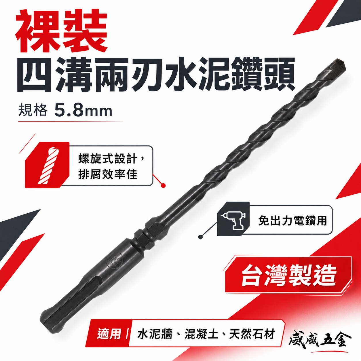 兩刃規格 5.8mm 長 110-160-180-210-260mm｜四溝2刃水泥鑽頭 二刃水泥鑽尾｜台灣製 四溝二刃水泥鑽頭
