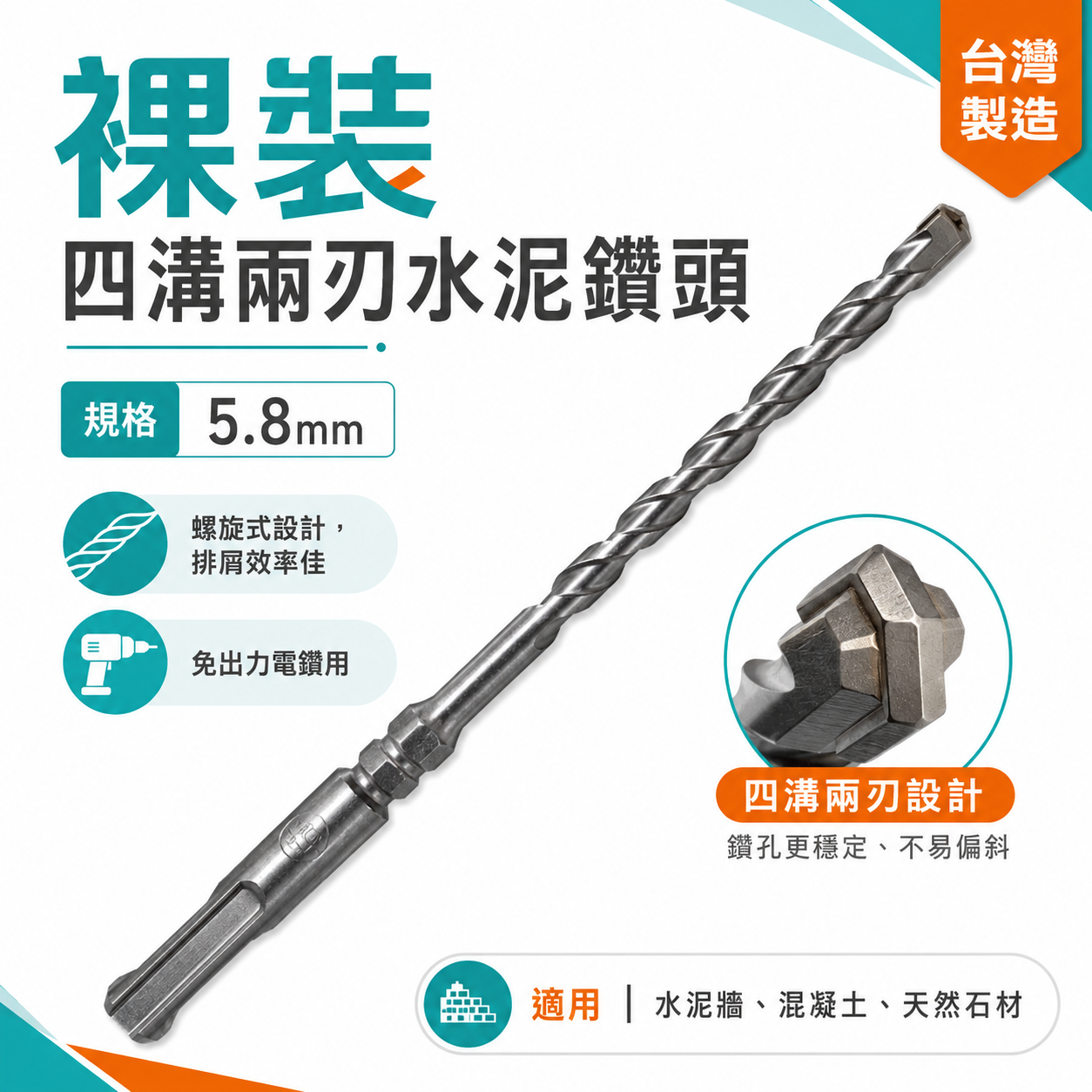 兩刃規格 5.8mm 長 110-160-180-210-260mm｜四溝2刃水泥鑽頭 二刃水泥鑽尾｜台灣製