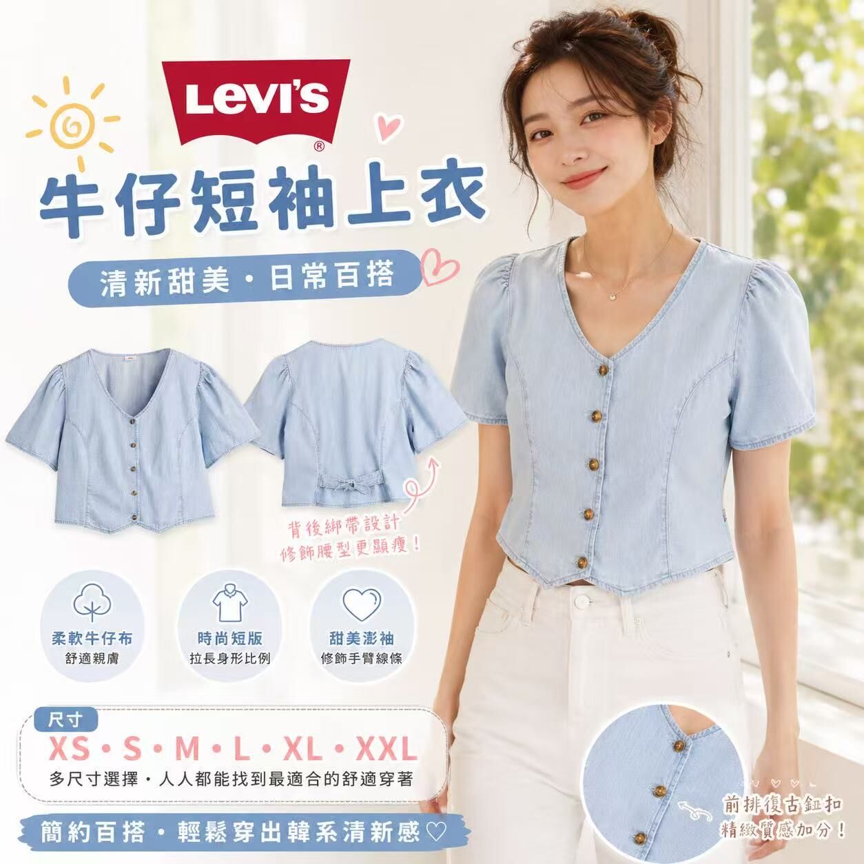 【預購】Levi’s H062501 女裝修身牛仔短袖上衣 (淺藍色)