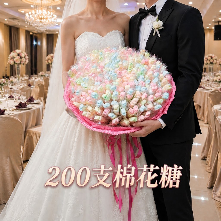 新郎與新娘在婚宴廳共同捧著一束巨大的繽紛馬卡龍色棉花糖花束