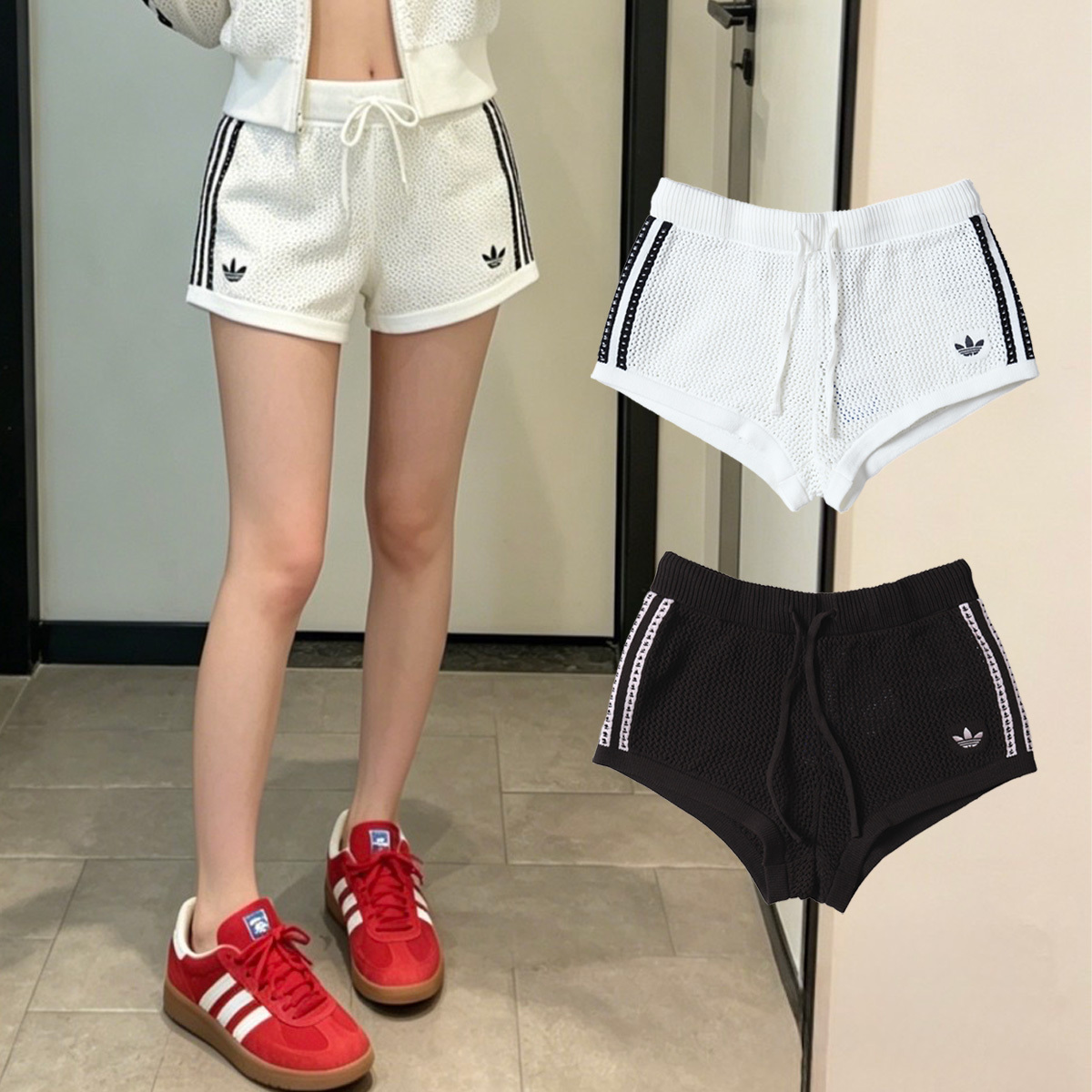 女款 ADIDAS ORIGINALS SHORTS 白色 咖色 楊超越同款 三葉草 簍空 針編 短褲【KC6477/KE0197】ADLP