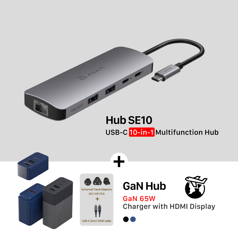 Hub SE10 USB-C 10-in-1 Multi-Function Hub + GaN  Hub 65W GaN Charger with HDMI Display