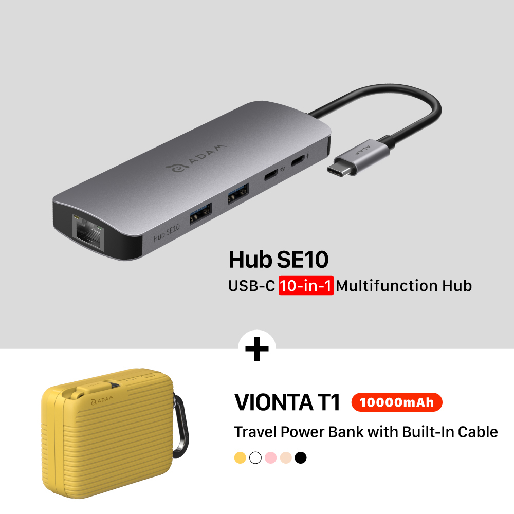 Hub SE10 USB-C 10-in-1 Multi-Function Hub + VIONTA T1 10,000mAh Travel Power Bank with Built-In Cable