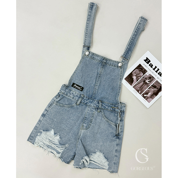 G9241 現貨「吊帶刷破牛仔短褲」