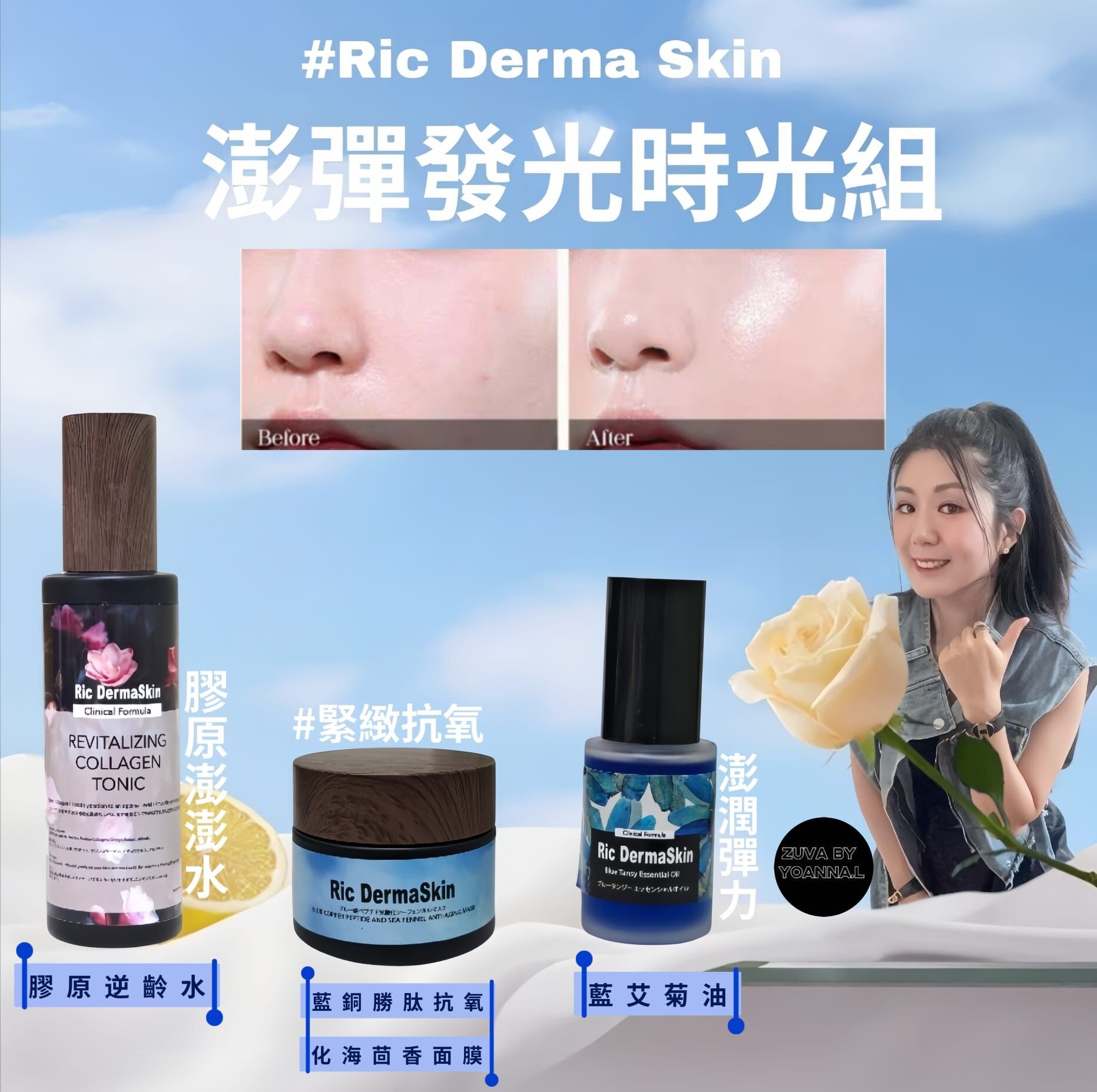 Ric DermaSkin彈潤亮膚setT367（膠原水+藍艾菊油30ml+藍銅勝肽抗氧化海茴香面膜 ）✨溫馨提示✨💢產品存貨服務只限半年（2027年1月前取貨），敬請留意💢