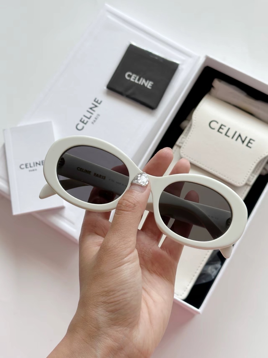 CELINE 墨鏡 橢圓 貓眼小框 蝶形 太陽眼鏡 女款 白色 贈收納小包