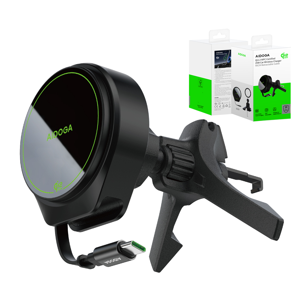 AIDOGA 艾迪伽 Qi2.2 25W 磁吸快充無線充電器出風口手機支架 自帶Type-C線 MagSafe 95cm 支援iPhone17/安卓/手機/耳機