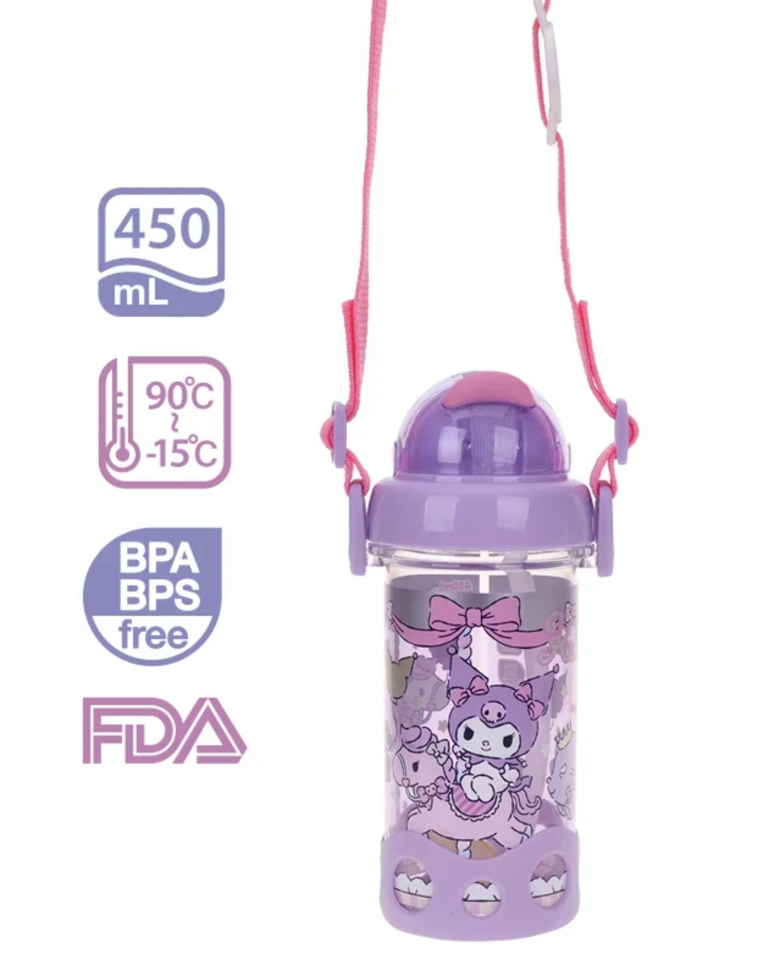 Kuromi 450ml BPA & BPS Free 膠水樽連飲管及頸繩 9-7780-4