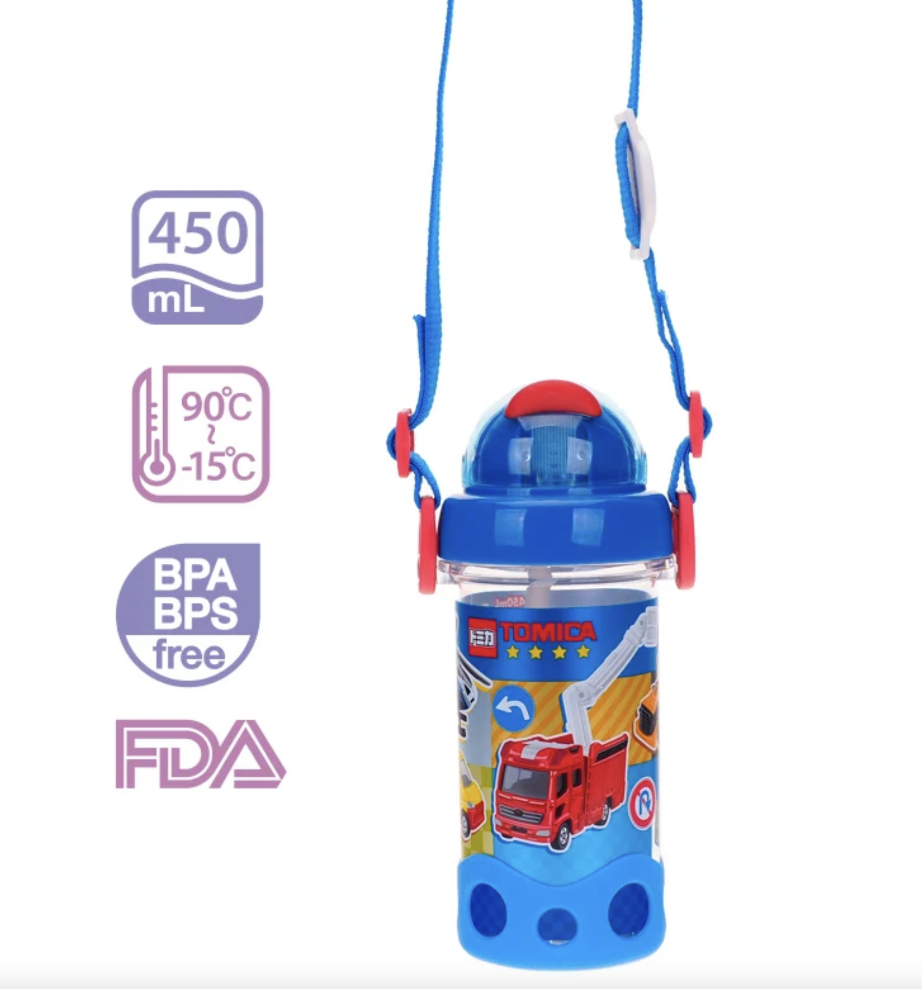 Tomica 450ml BPA & BPS Free 膠水樽連飲管及頸繩 TM-7780-2