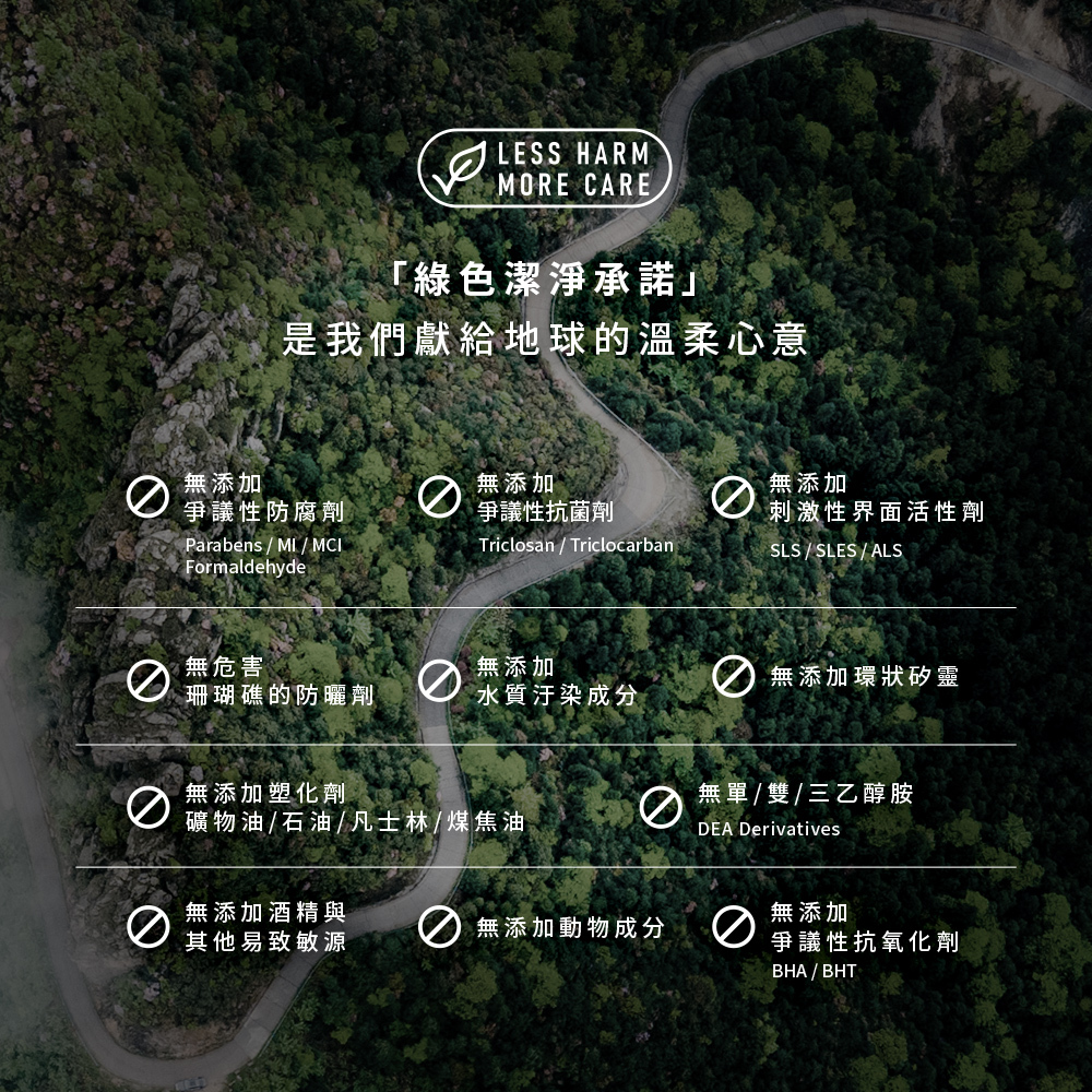 以蜿蜒山間公路為景的成分剔除宣告。標章強調「Less Harm, More Care」,明確列出無添加爭議性防腐劑(Parabens/MI/MCI)、界面活性劑(SLS/SLES/ALS)、環狀矽靈、塑化劑、酒精及動物成份,專為敏感肌與環保考量設計。