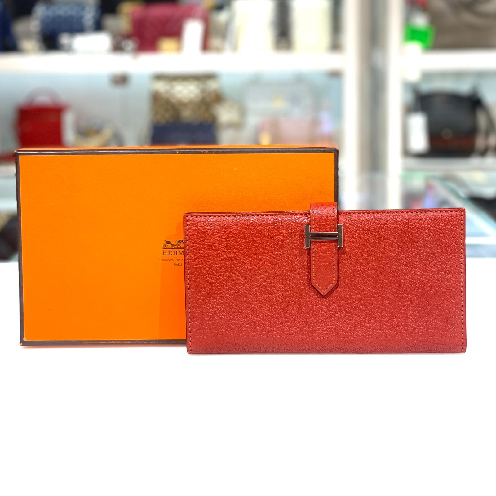 本週特價!!! 未使用品!!! 全新HERMES長銀包, 鐵繡紅山羊皮銀釦, 框M, BEARN SOUFFLET WALLET, #BRAND NEW #香榭站正品