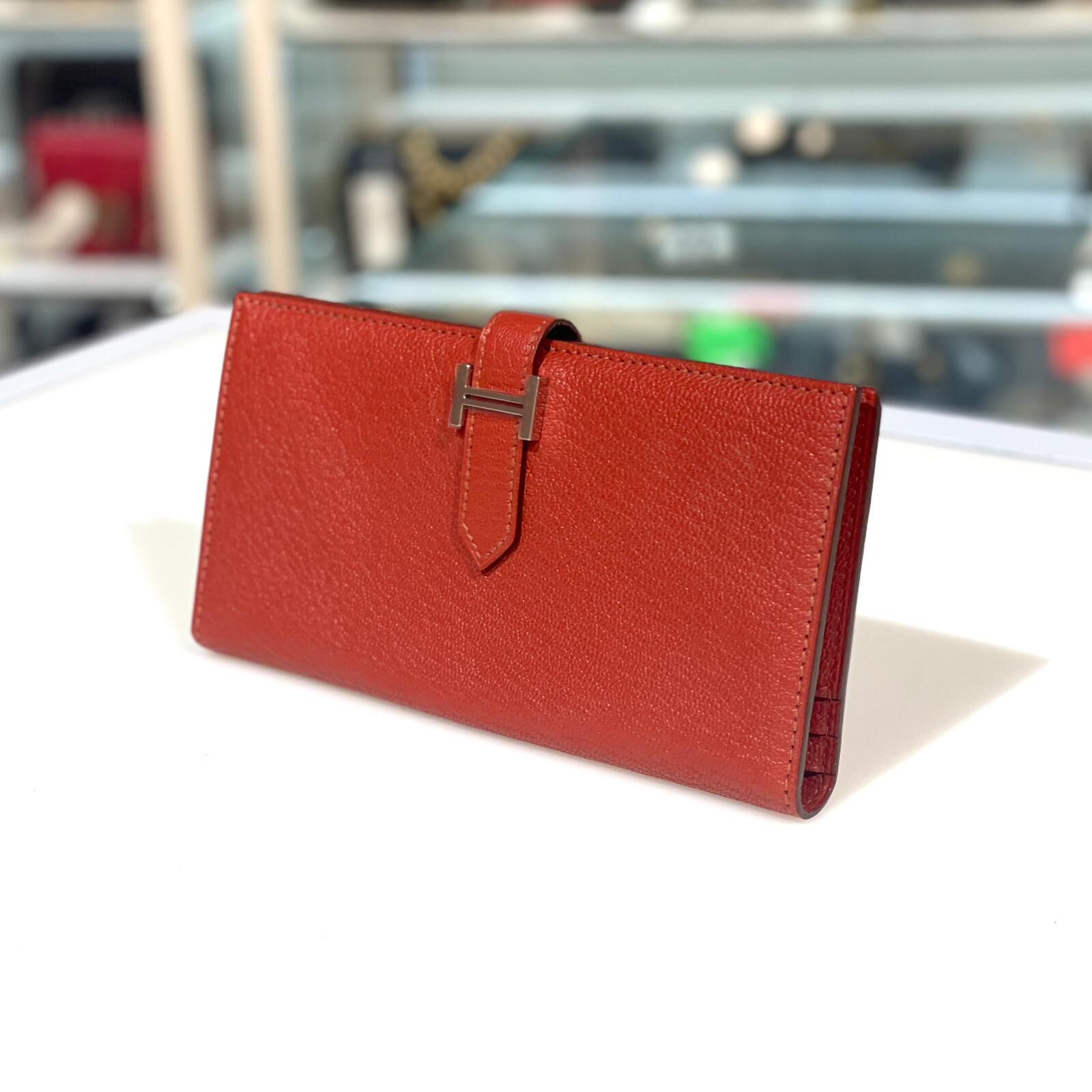 本週特價!!! 未使用品!!! 全新HERMES長銀包, 鐵繡紅山羊皮銀釦, 框M, BEARN SOUFFLET WALLET, #BRAND NEW #香榭站正品