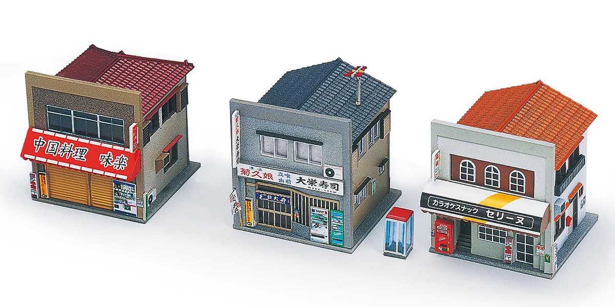 Greenmax 2645 N scale Pre-painted Shop Set D (Showa 50s - 3 Buildings Included)
