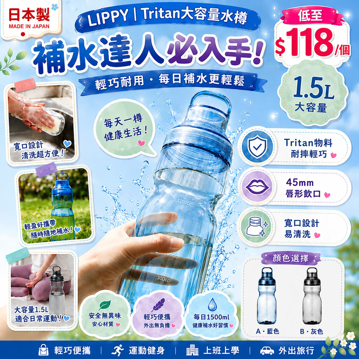 【UB9717】日本製LIPPY Tritan大容量水樽 1500ml