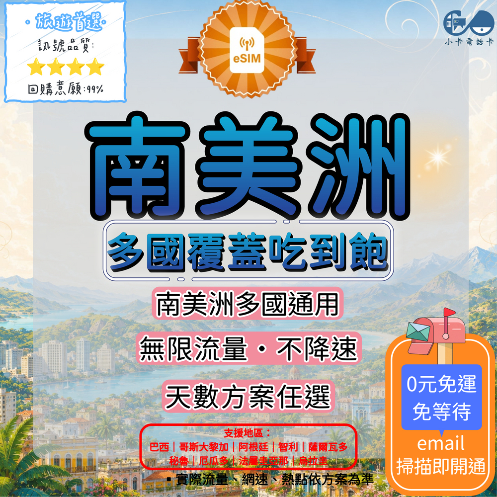 【eSIM】南美洲通用全系列｜吃到飽與彈性方案選擇〈快速啟用、免運即時開通、天數客制化〉