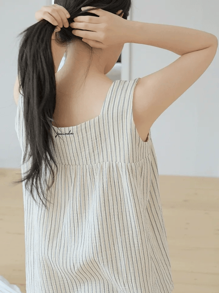 [☁全棉] Juuneedu｜[短袖睡衣] Martine Stripe Cotton Sleeveless Pajama [2 colors]
