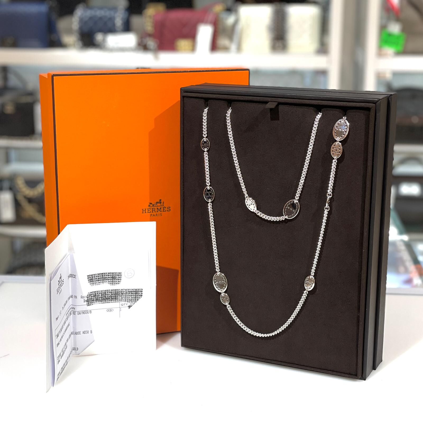 全新HERMES頸鏈 100CM , H126225B, 00TU, POINT SELLIER, LONG NECKLACE, 925純銀, #豬鼻子頸鏈, #BRAND NEW #香榭站正品