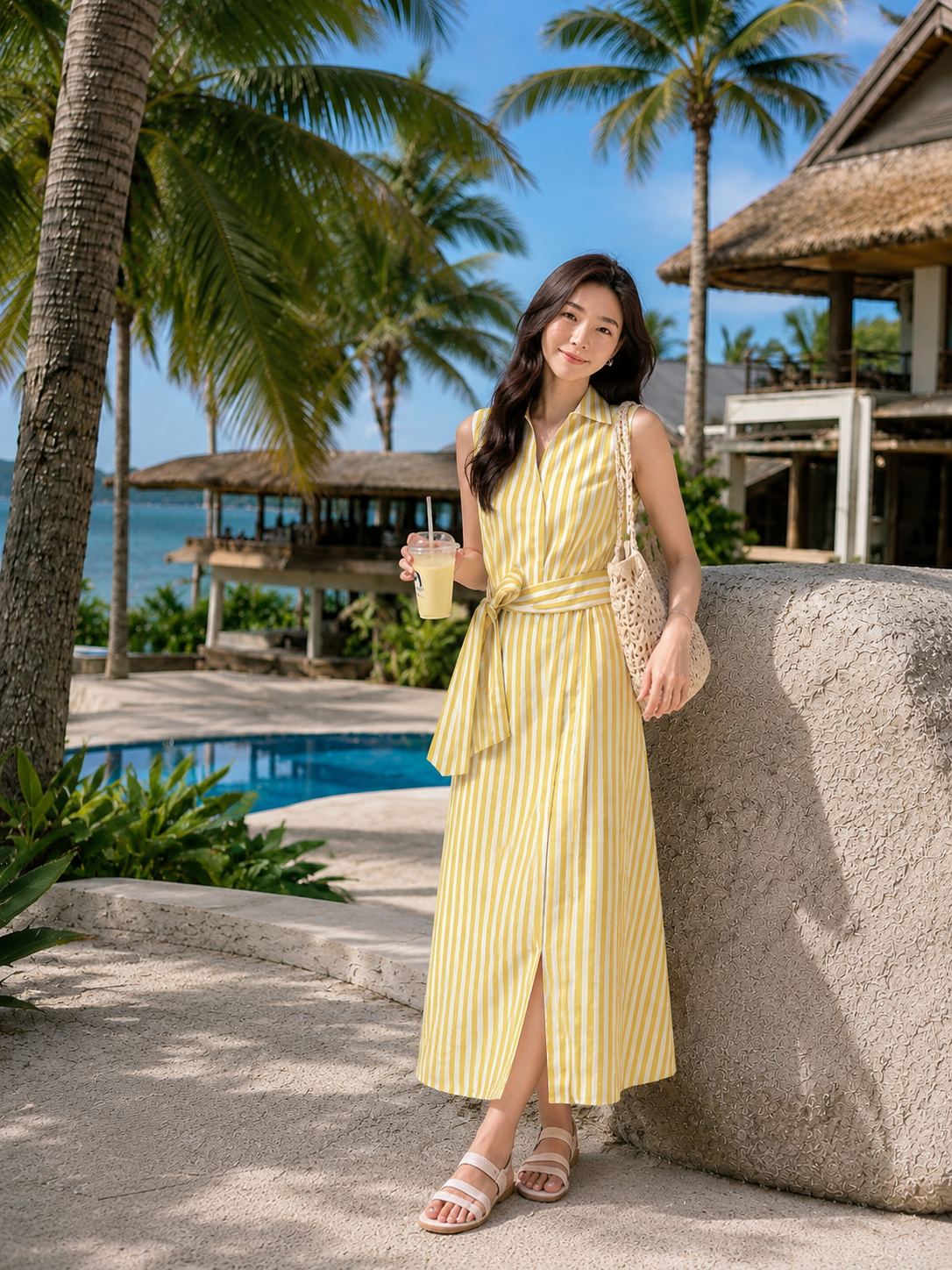 SLEEVELESS STRIPED MIDI DRESS