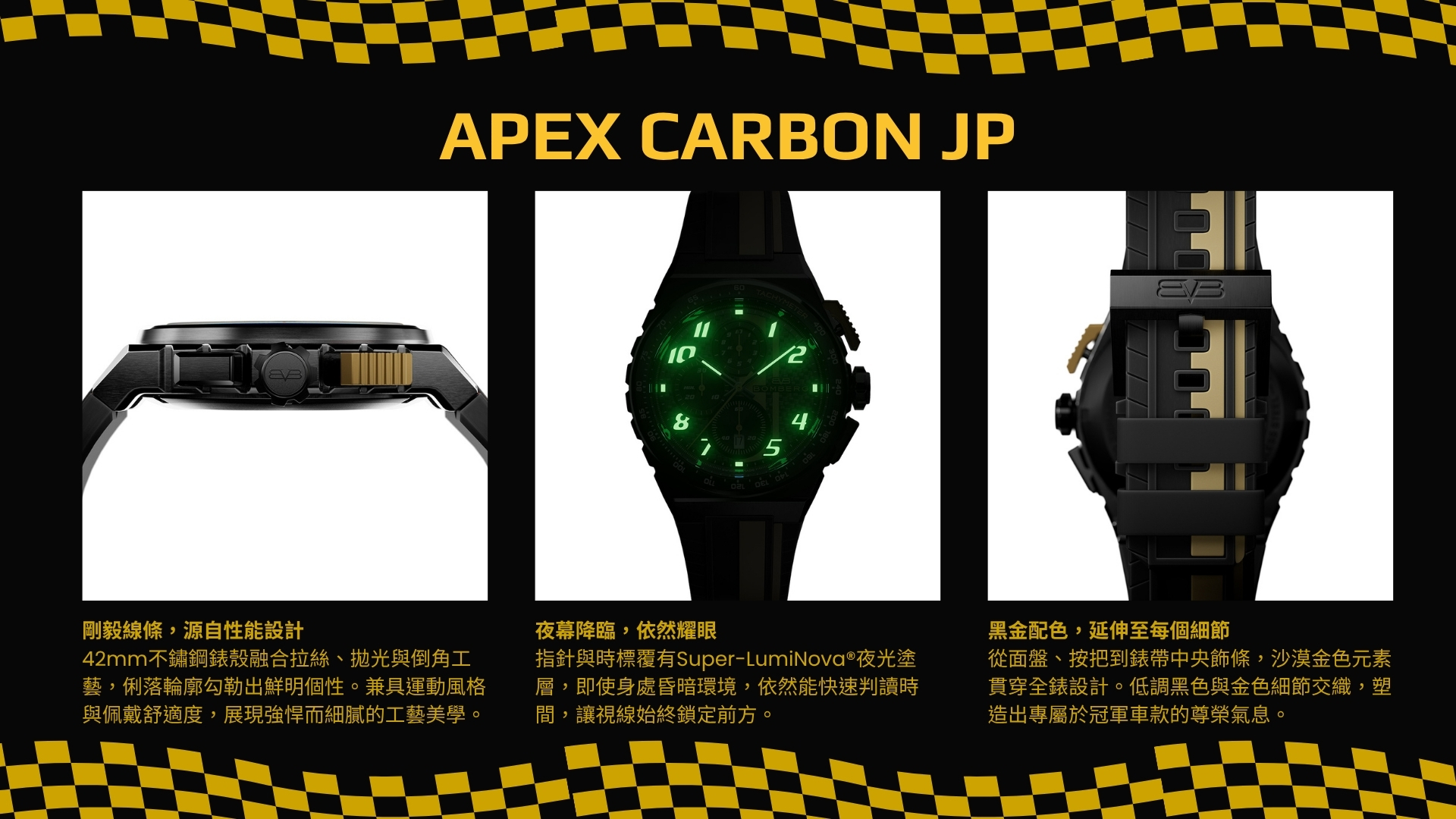 Bomberg, 炸彈錶,APEX 系列, APEX JP, APEX Carbon, 黑金傳奇計時碼錶,賽車計時碼錶,NT42CHPBA.01-18.12,John Player Special