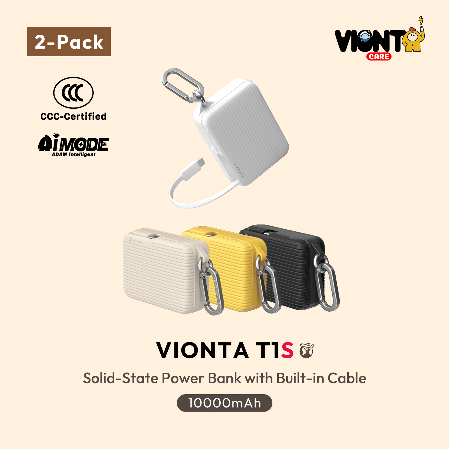 VIONTA T1S 10000mAh Solid-State Power Bank with Built-In Cable 【2-Pack】