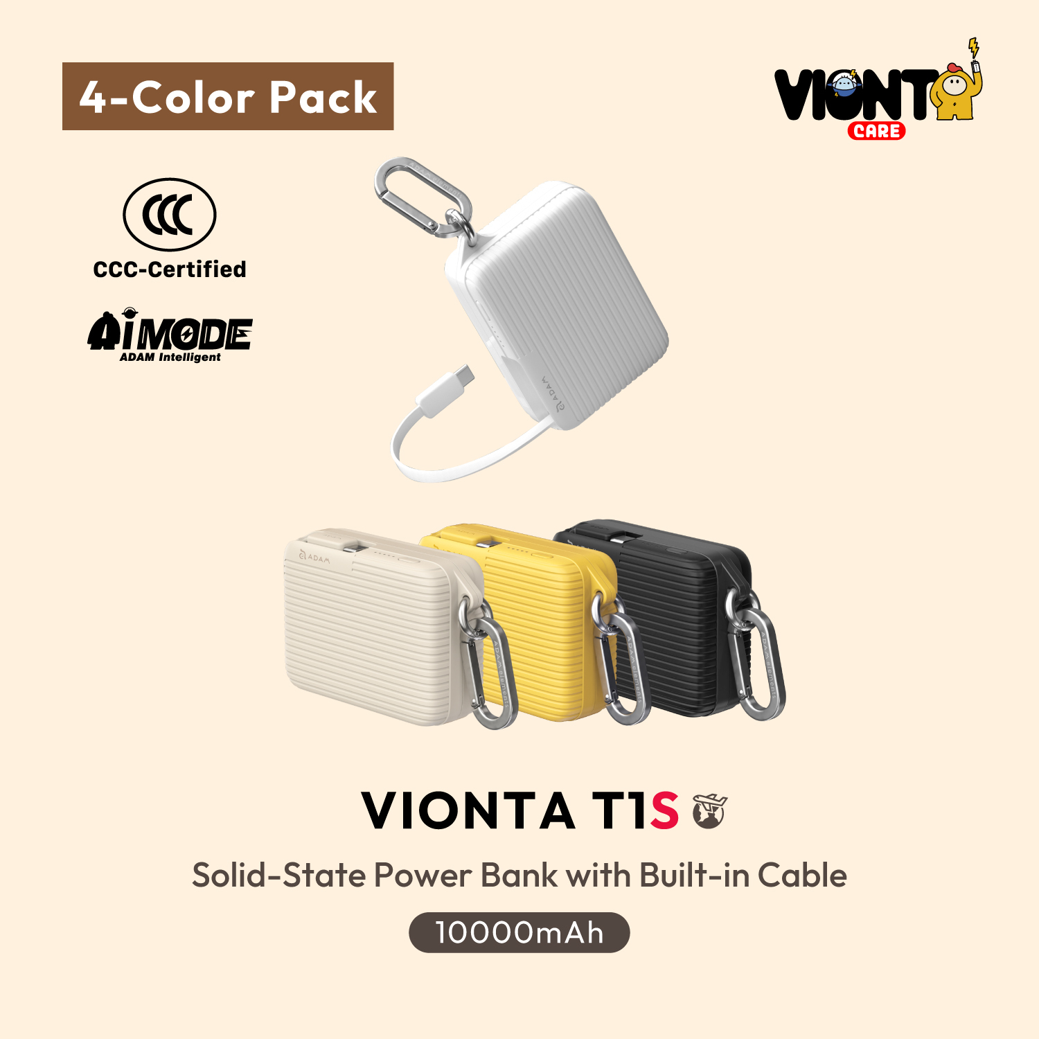 VIONTA T1S 10000mAh Solid-State Power Bank with Built-In Cable【4-Color Pack】