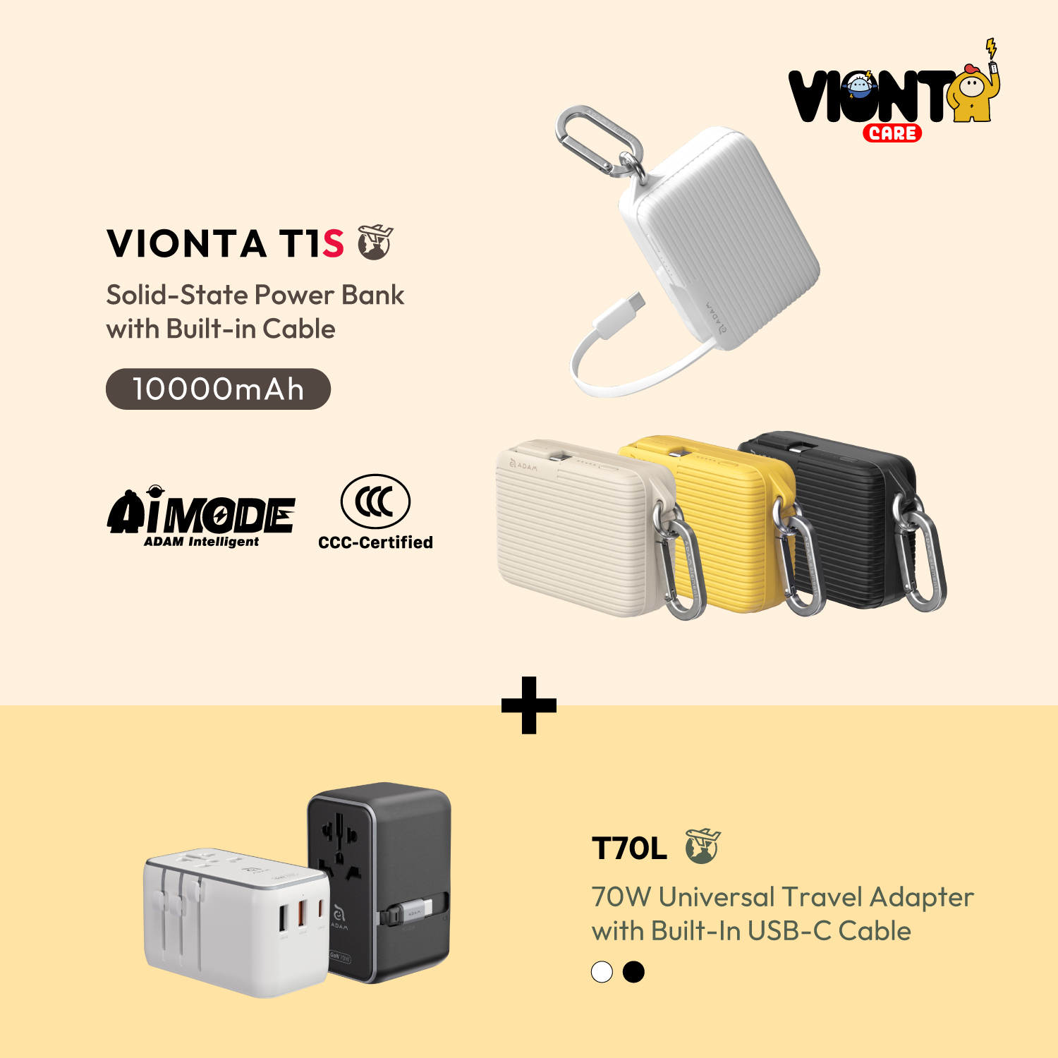 VIONTA T1S 10000mAh Solid-State Power Bank with Built-In Cable + T70L 70W Universal Travel Adapter with Built-In USB-C Cable